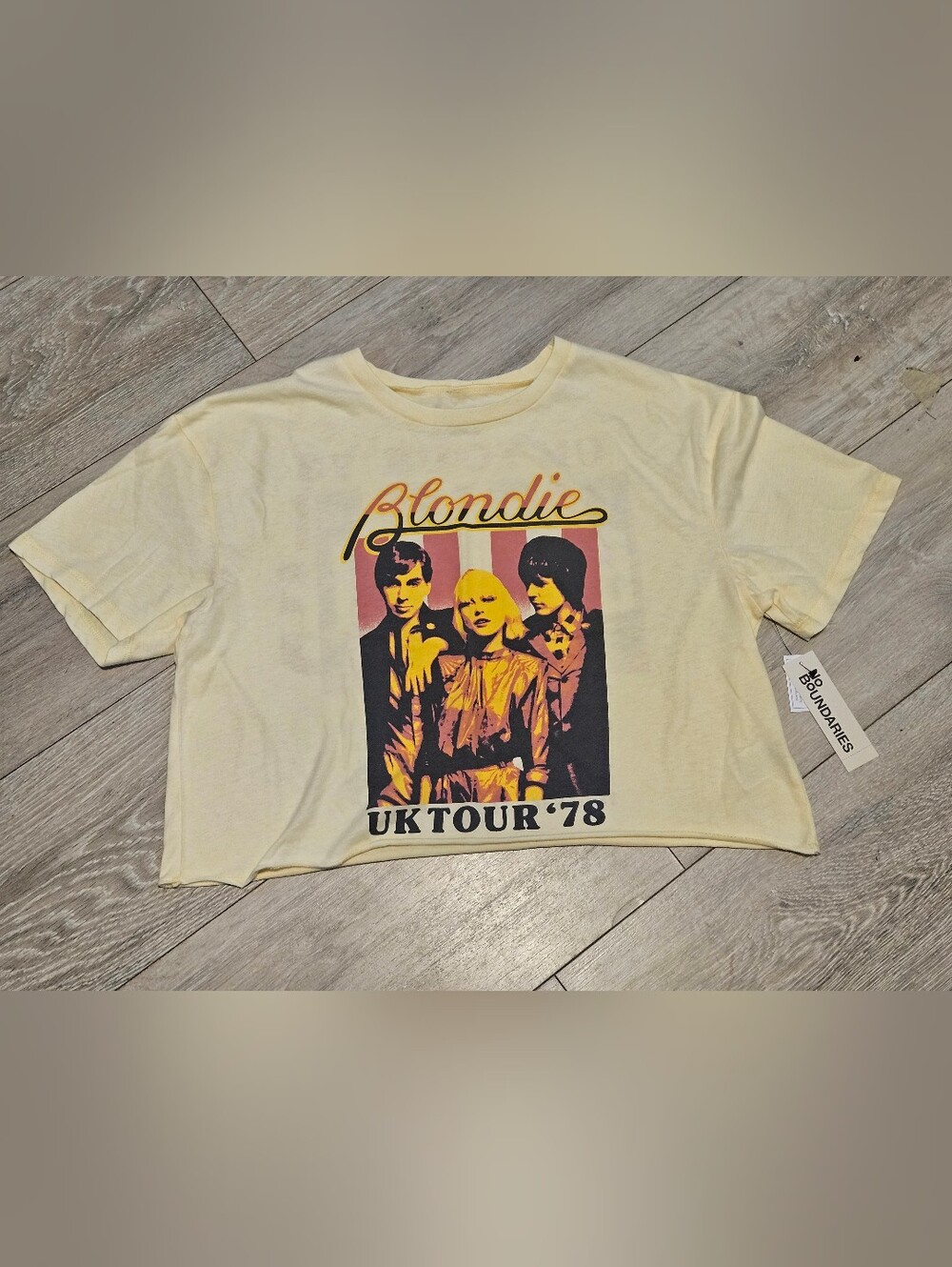 NWT No Boundaries Womens M 8/10 Blondie UK Tour 78 Boxy Crop T-Shirt Yellow
